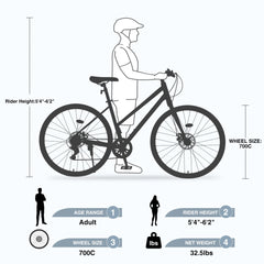 Outdoor Bike 7 Speed Hybrid Bike Disc Brake 700C Road Bike for Men Women'S City Bicycle, Mountain Bike for Outdoor