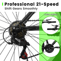 Aukfa 26" Mountain Bike for Men and Women, 21 - Speed High - Performance All - Terrain Bicycle with Dual V - Brakes, Green
