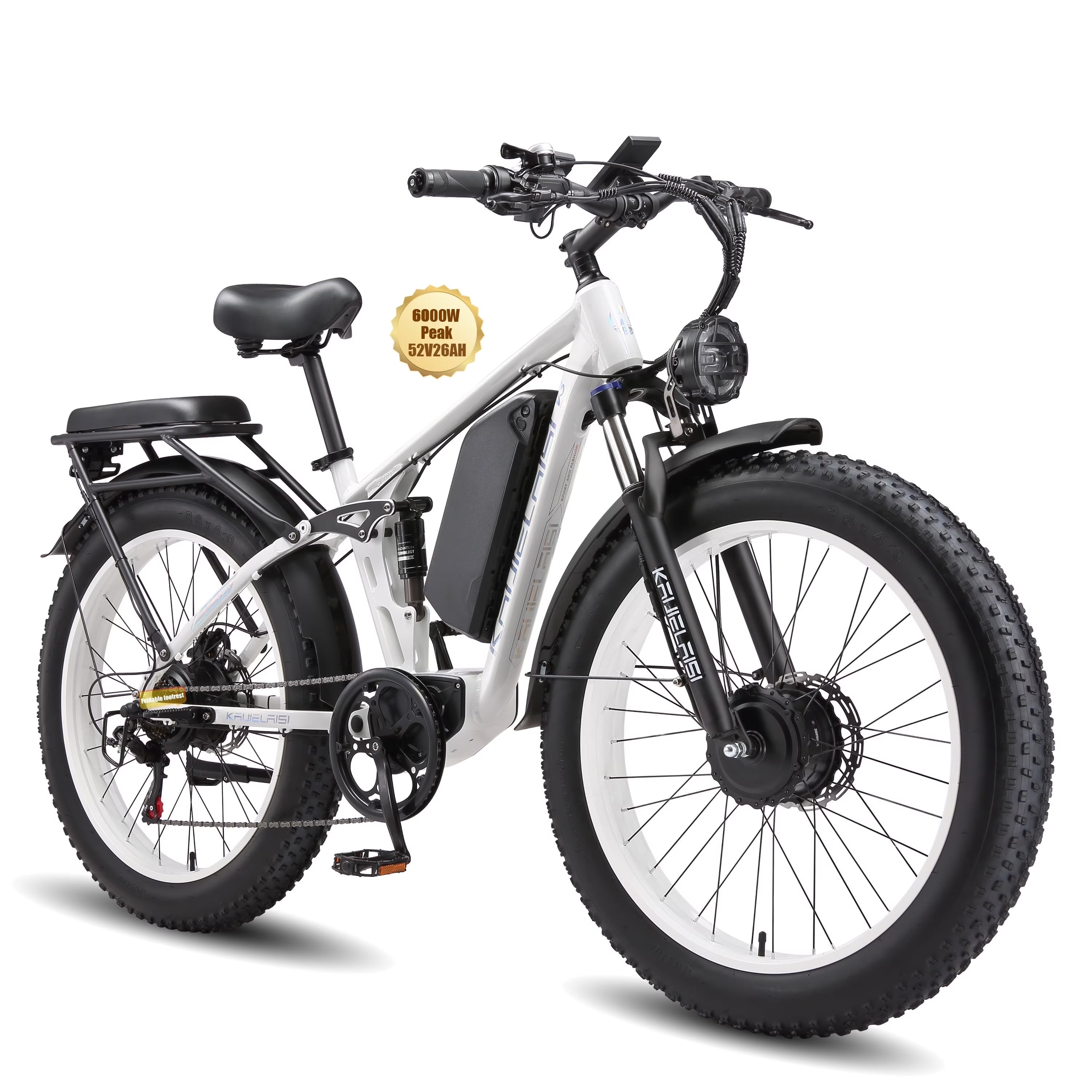 KAIJIELAISI Electric Bike for Adults, AWD Ebikes Dual Motor Peak 6000W, 26'' Fat Tire Bikes with 52V 26AH Battery Hydraulic Brake electric Bicycle, 7 Speed Mountain Ebike UL 2849