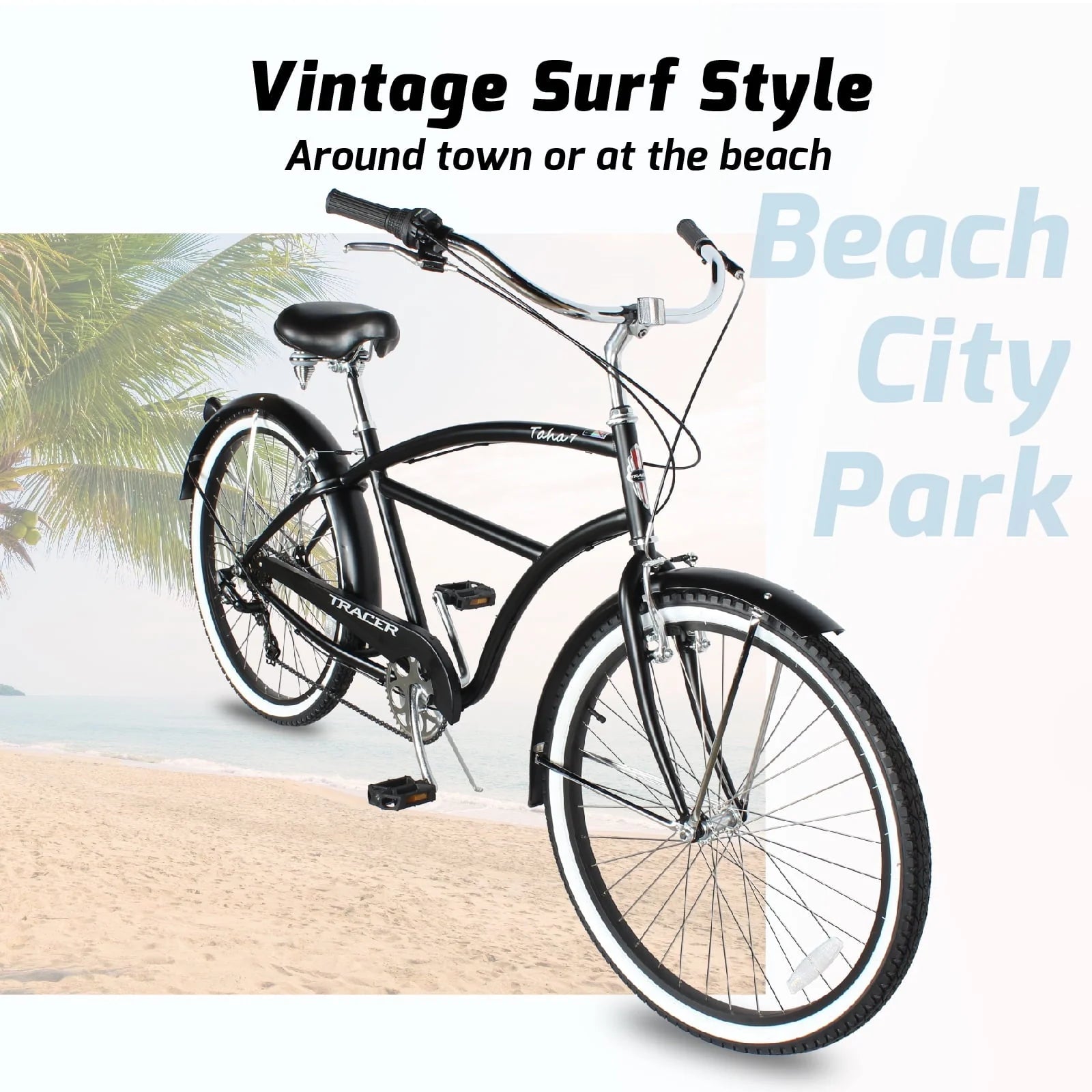 TRACER TAHA Beach Cruiser Bike for Men, 26 in Wheels, Hi Ten Steel Frame, 7 Speed, Hybrid Bike for Adults, Complete Cruiser Bikes, Coaster Brake, Matte Black
