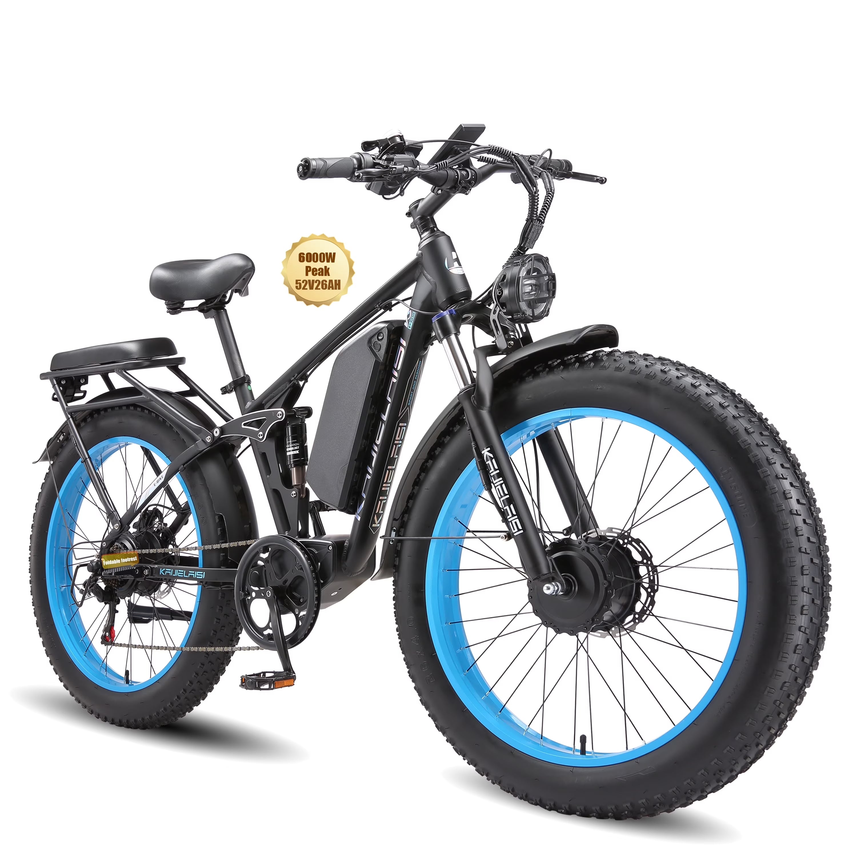KAIJIELAISI Electric Bike for Adults, AWD Ebikes Dual Motor Peak 6000W, 26'' Fat Tire Bikes with 52V 26AH Battery Hydraulic Brake electric Bicycle, 7 Speed Mountain Ebike UL 2849