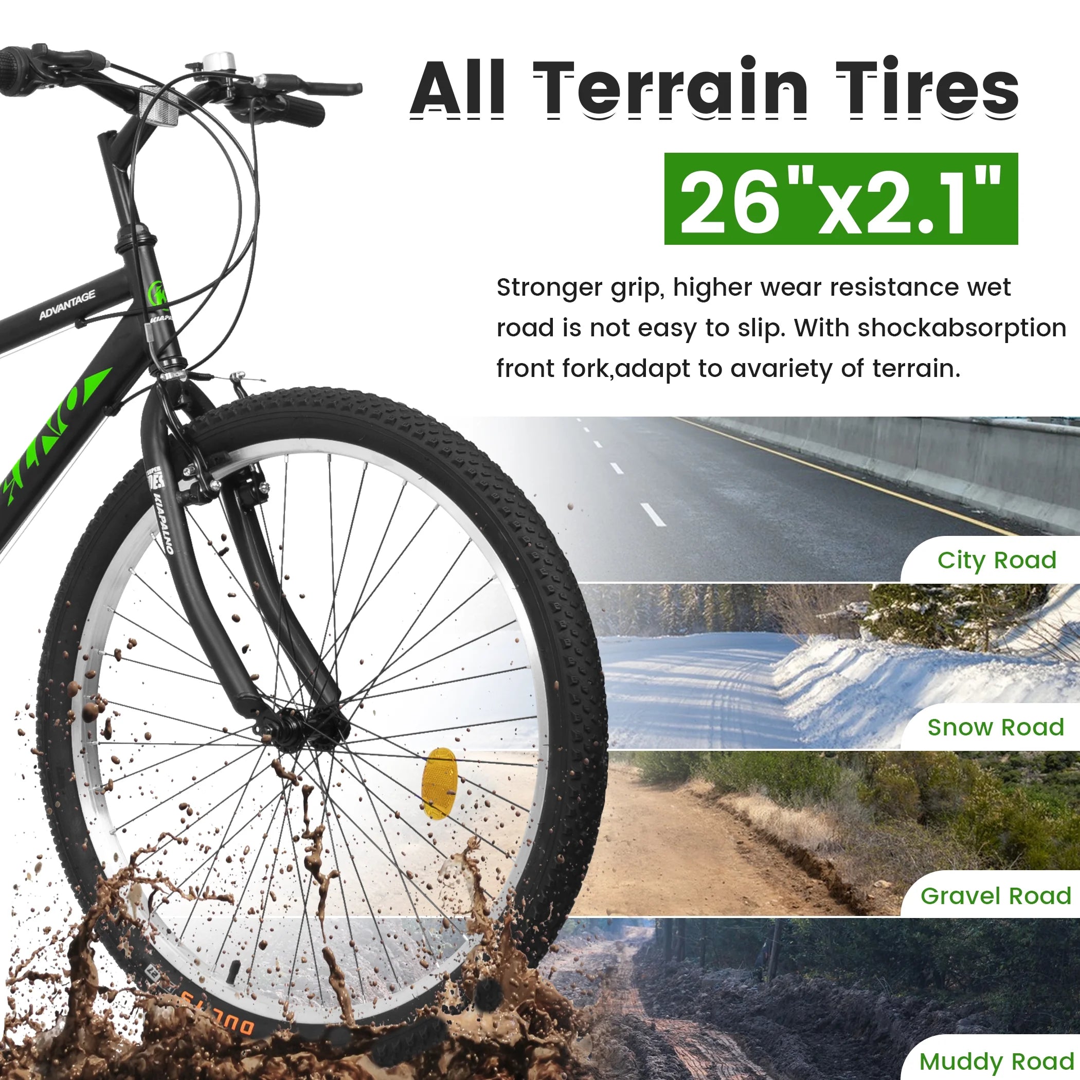 Aukfa 26" Mountain Bike for Men and Women, 21 - Speed High - Performance All - Terrain Bicycle with Dual V - Brakes, Green