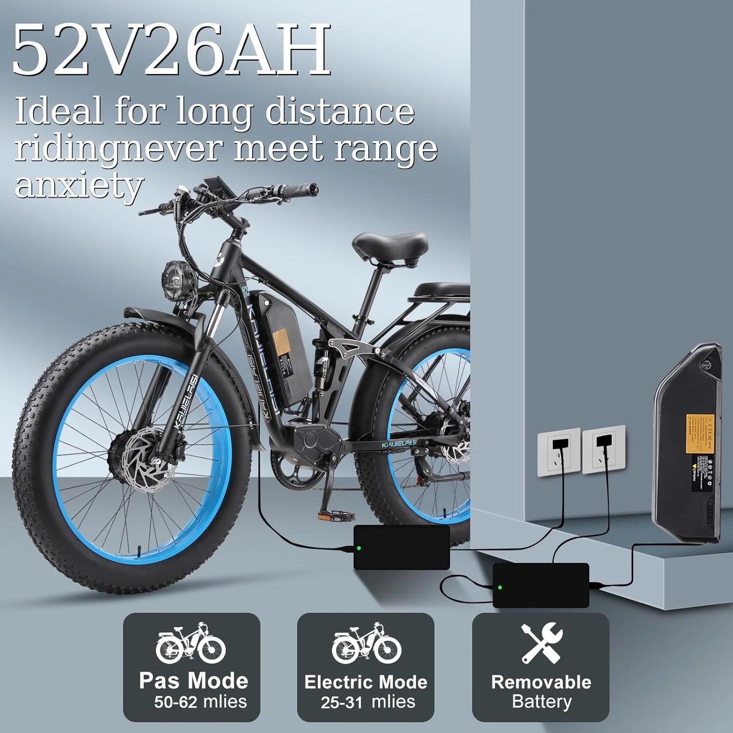 KAIJIELAISI Electric Bike for Adults, AWD Ebikes Dual Motor Peak 6000W, 26'' Fat Tire Bikes with 52V 26AH Battery Hydraulic Brake electric Bicycle, 7 Speed Mountain Ebike UL 2849