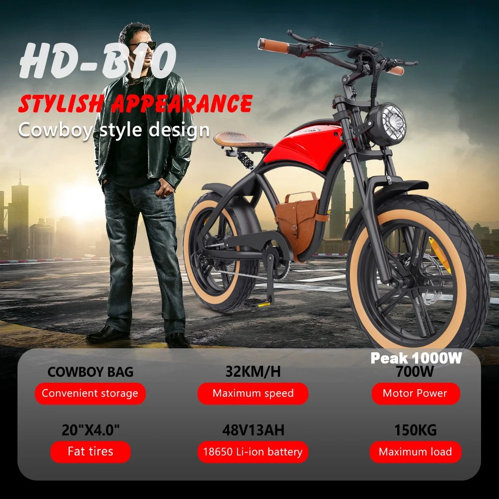 Hidoes B10 Electric Mountain Bike for Men/Woman 1000W Adult Electric Bicycle 20" Fat Tire Off Road E - Bike with Removable Battery up to 28 Mph, Free Shipping, Red