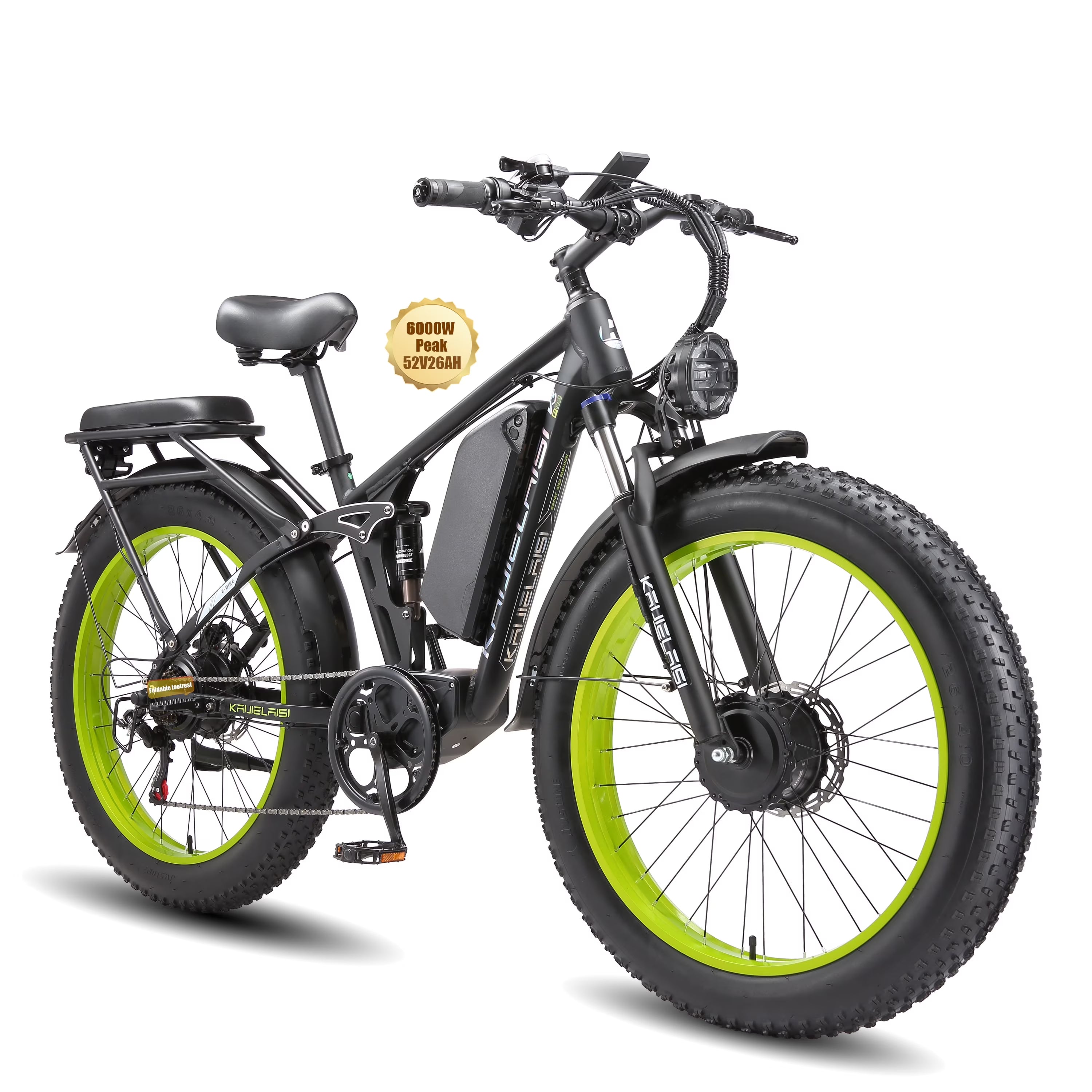 KAIJIELAISI Electric Bike for Adults, AWD Ebikes Dual Motor Peak 6000W, 26'' Fat Tire Bikes with 52V 26AH Battery Hydraulic Brake electric Bicycle, 7 Speed Mountain Ebike UL 2849